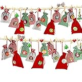 Adventskalender zum Befüllen, Weihnachtskalender Stoffsäckchen zum Selberfüllen, 24 Geschenksäckchen Kette zum selber befüllbar und Aufhängen, Jutesäckchen Jute Beutel, Kalender Schnur, Zahlen Buttons